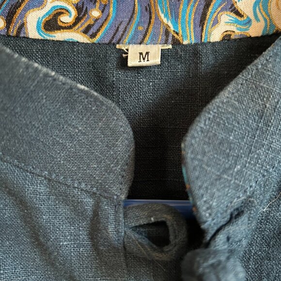 Mandarin Collar Linen Jacket (Navy Blue, M) - Picture 3 of 4